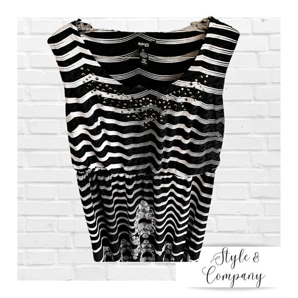 Style & Co 1X Empire Waist Maxi Dress Black White Metallic Stud Geometric Stripe - Picture 3 of 8